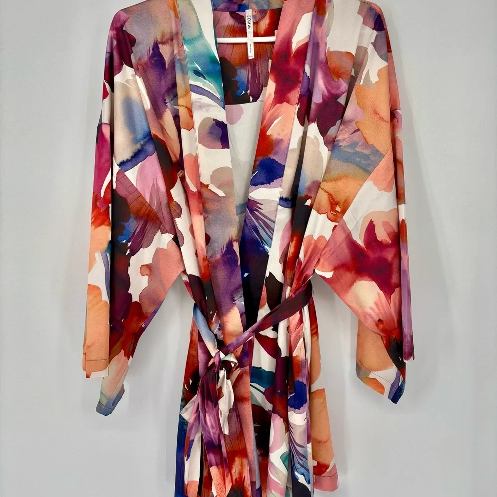 SOMA SATIN Watercolor Kimono Short Robe